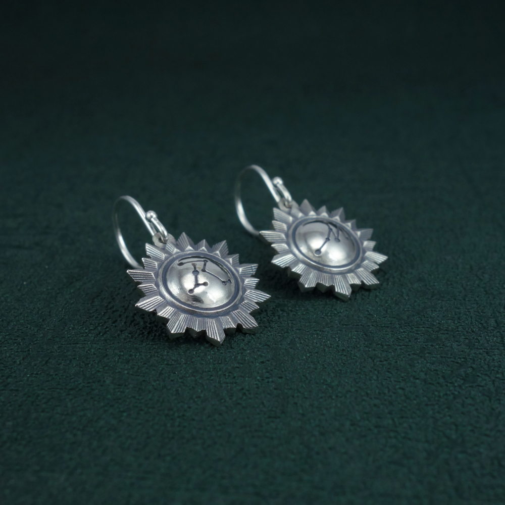 Petites boucles d'oreilles forme miroir soleil et gravure constellation "RM" en argent 925 fabriquรฉes artisanalement. Vue de cรดtรฉ | Res Mirum