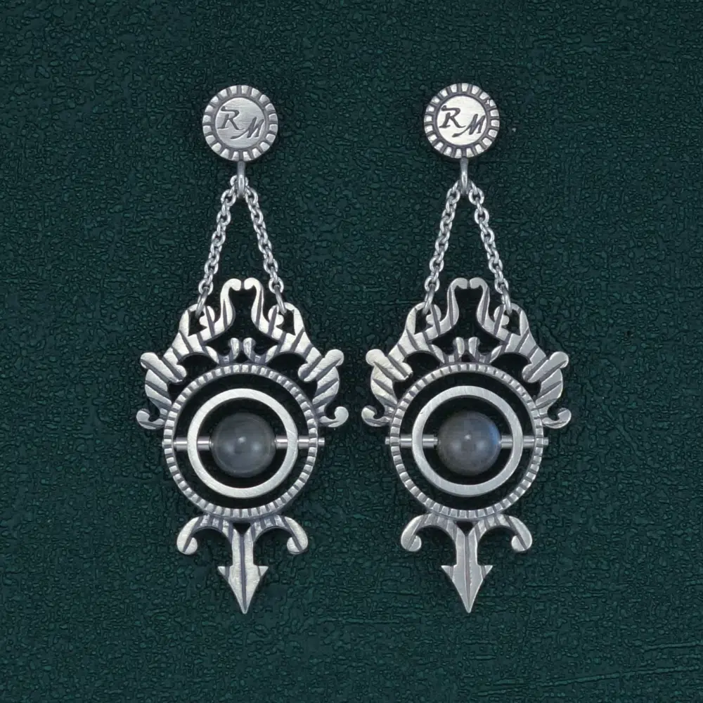 Boucles d'oreilles inspiré des sphères armillaires, de l'étude des astres et des Cabinets de Curiosités en argent massif made in France. Vue de face | Res Mirum
