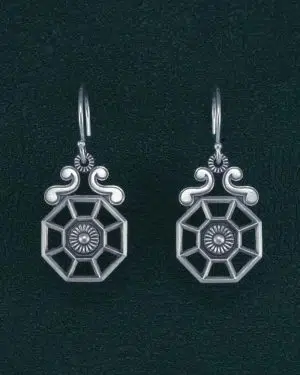 Petites boucles d'oreilles esprit architectural d'orangerie ancienne fleurie en argent 925. Vue de face | Res Mirum