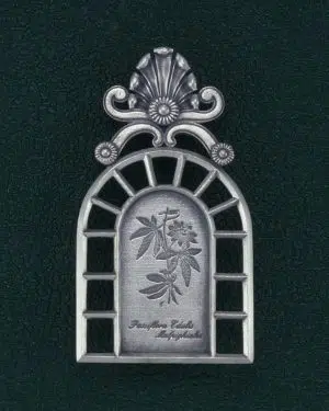 Broche passiflore façon dessin ancien dans un cadre façon serre ancienne en argent 925. Vue de face | Res Mirum