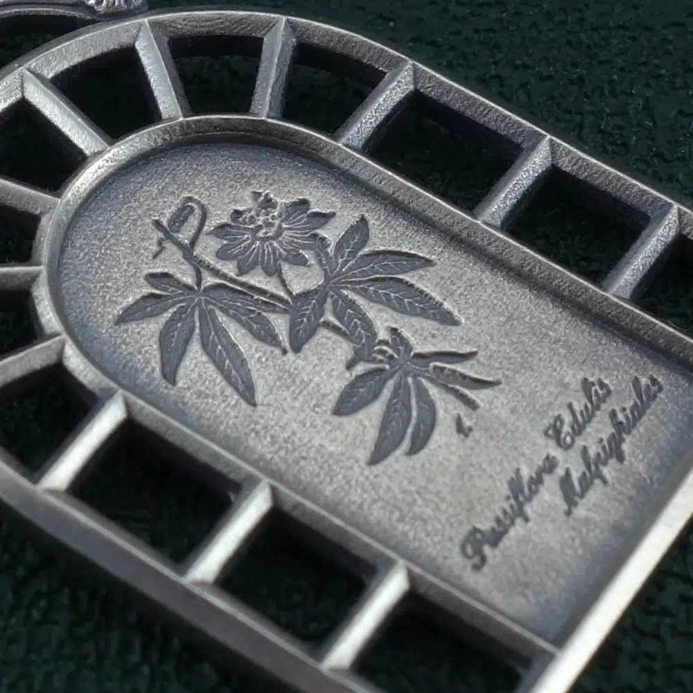 Pendentif fleur de la passion façon planche botanique ou herbier dans un cadre esprit orangerie. Détail | Res Mirum