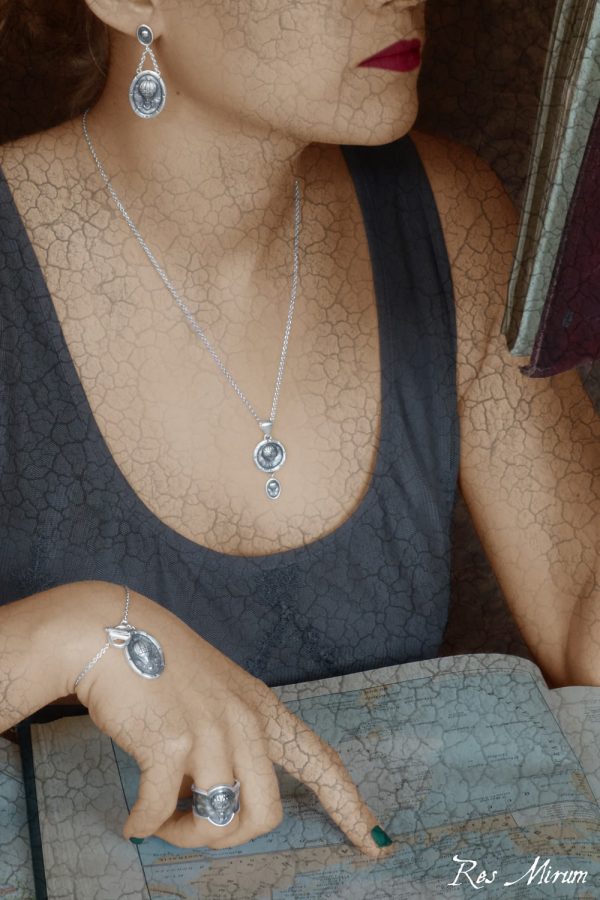 Boucles d'oreilles, petit pendentif, bracelet toogle & bague esprit montgolfières anciennes façon camées portés en argent massif fait en France | Res Mirum