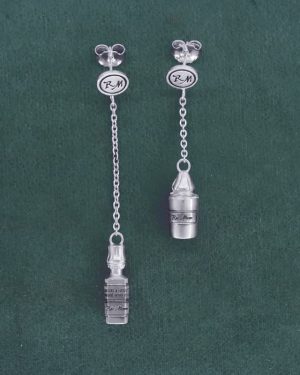 Boucles d'oreilles mini flacons d'apothicaire asymétriques, en argent massif fabriquées en France | Res Mirum
