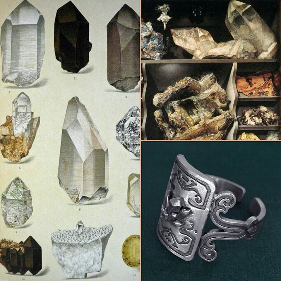 Ambiance de la bague cristal, inspirée des formes des quartz et des collections anciennes de minéraux