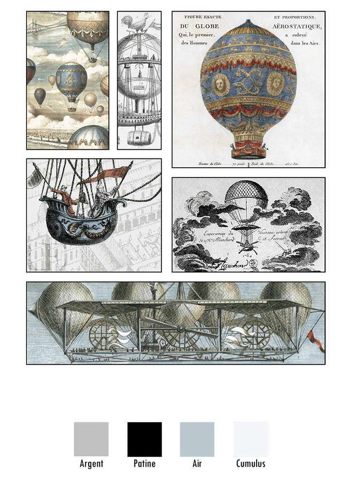 Planche d'ambiance de la ligne Aérostat inspirée des ballons à air chaud et des montgolfières anciennes sous Louis XVI
