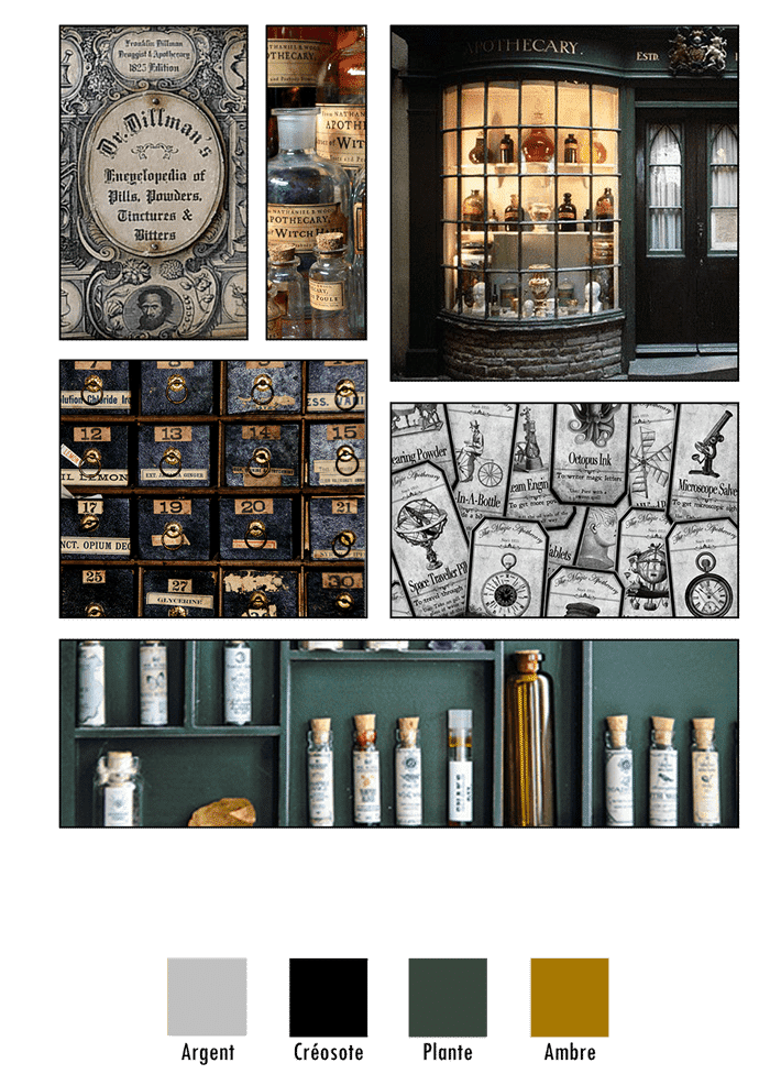 Planche d'ambiance de la ligne Apothicaire imaginée dans l'esprit des anciennes pharmacies,des fioles, flacons & divers onguent