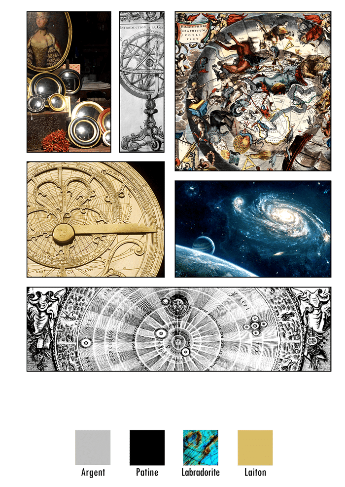 Planche d'ambiance de la ligne Astronomie dans l'esprit des sciences des lumières, teinté d'astrologie et de constellations