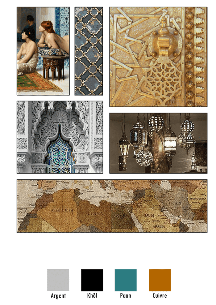Planche d'ambiance de la ligne Orientalisme dans l'esprit fantasmé du Maghreb, de l'univers berbère et de l'architecture d'orient