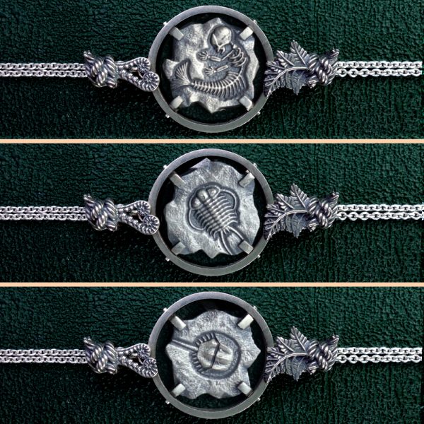 Bracelet avec motif façon fossile de squelette de sirène, limule & trilobite en argent 925 de fabrication artisanale déclinaisons du modèle chimère | Res Mirum