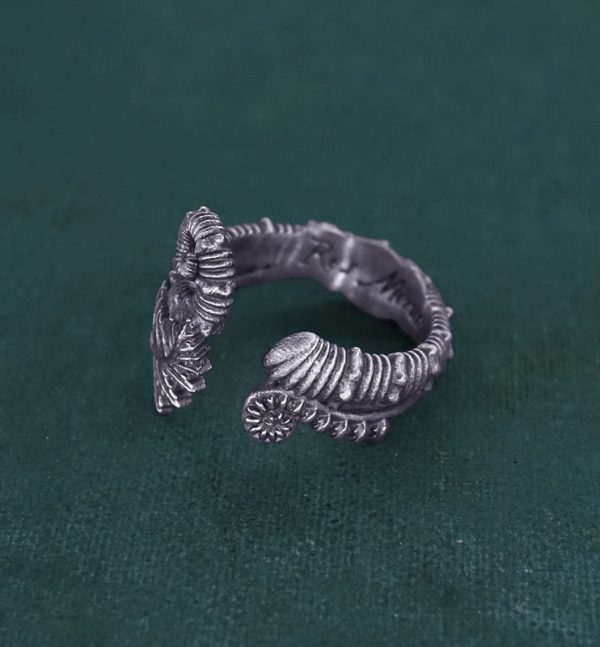Bague ouverte à motifs de fougères, crosse & d'ammonite déroulée inspirée des fossiles du crétacé en argent fabriquée en France artisanalement vue droite | Res Mirum