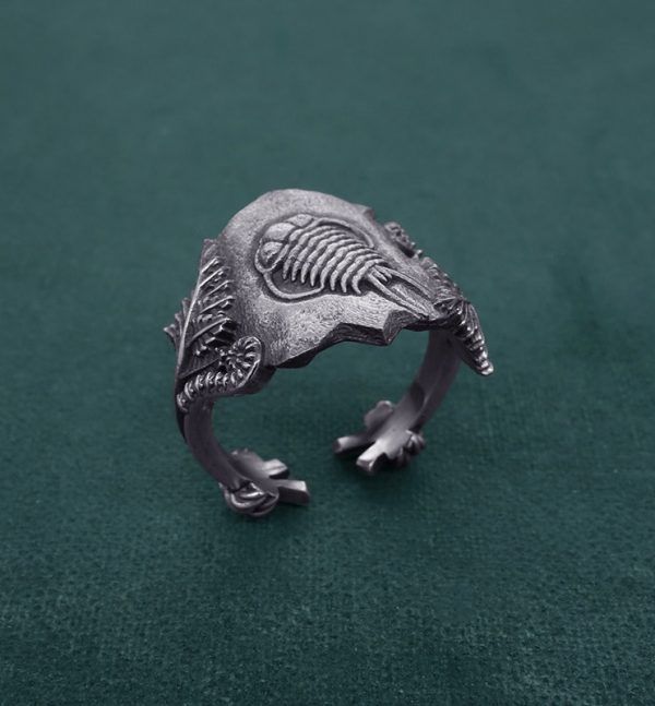 Bague ornée d'un fossile de Trilobite et de fougères, bijou inspiré de la paléontologie en argent de fabrication artisanale | Res Mirum
