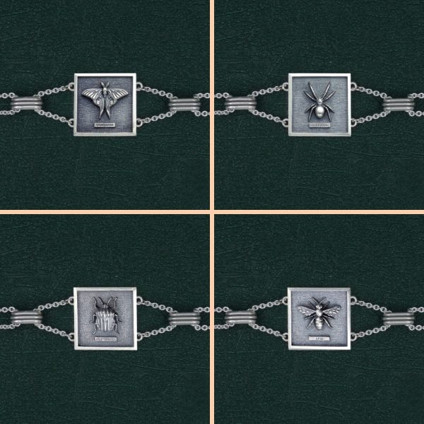 Bracelet à motifs de cadre carré avec un papillon, une araignée, une punaise ou scarabée et une abeille représenté en argent 925 made in France déclinaison du bracelet Omocestus | Res Mirum